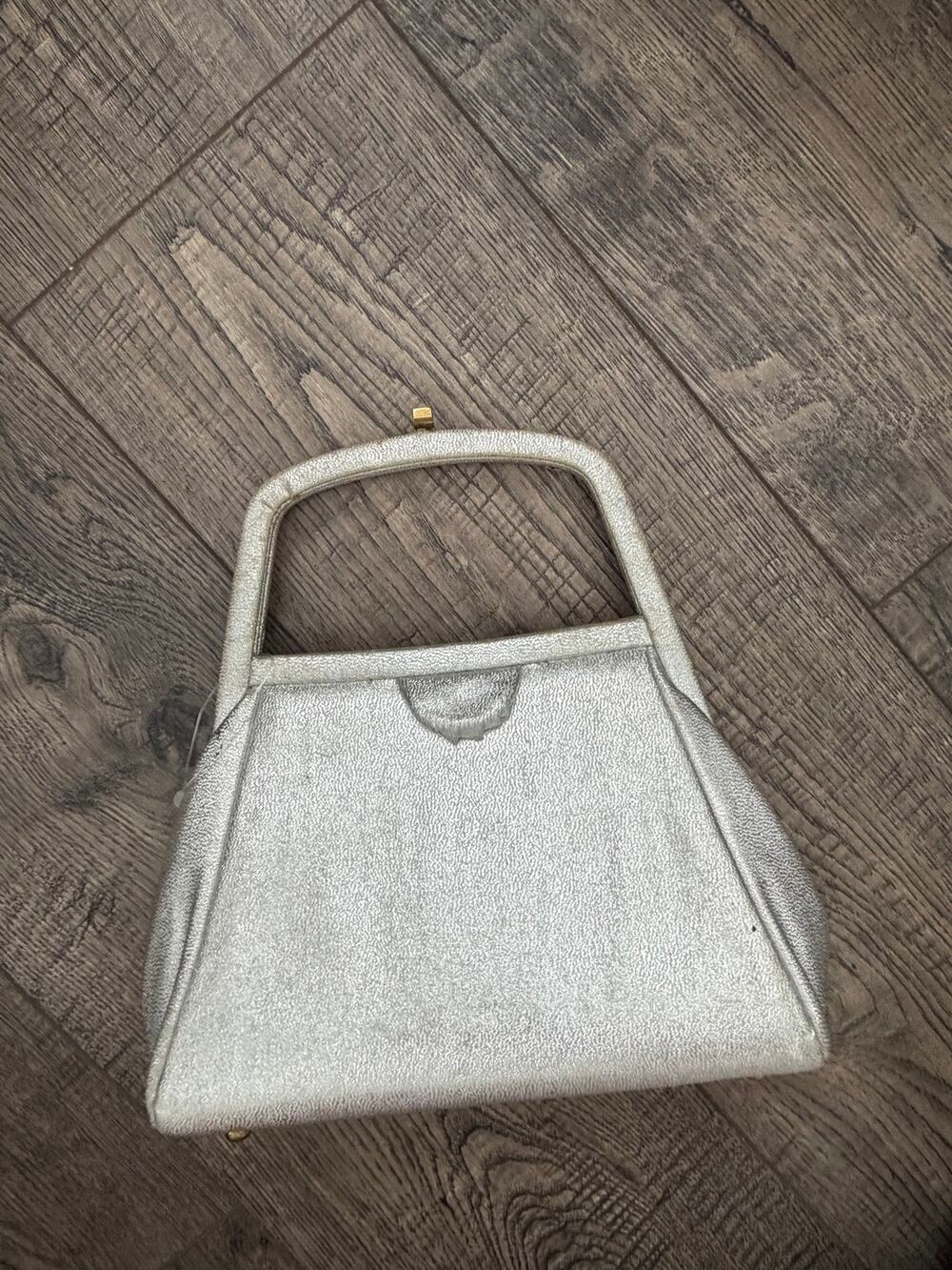 Vintage Handbag Silver-Tone Saffiano Leather Rigid Top-Handle Clutch